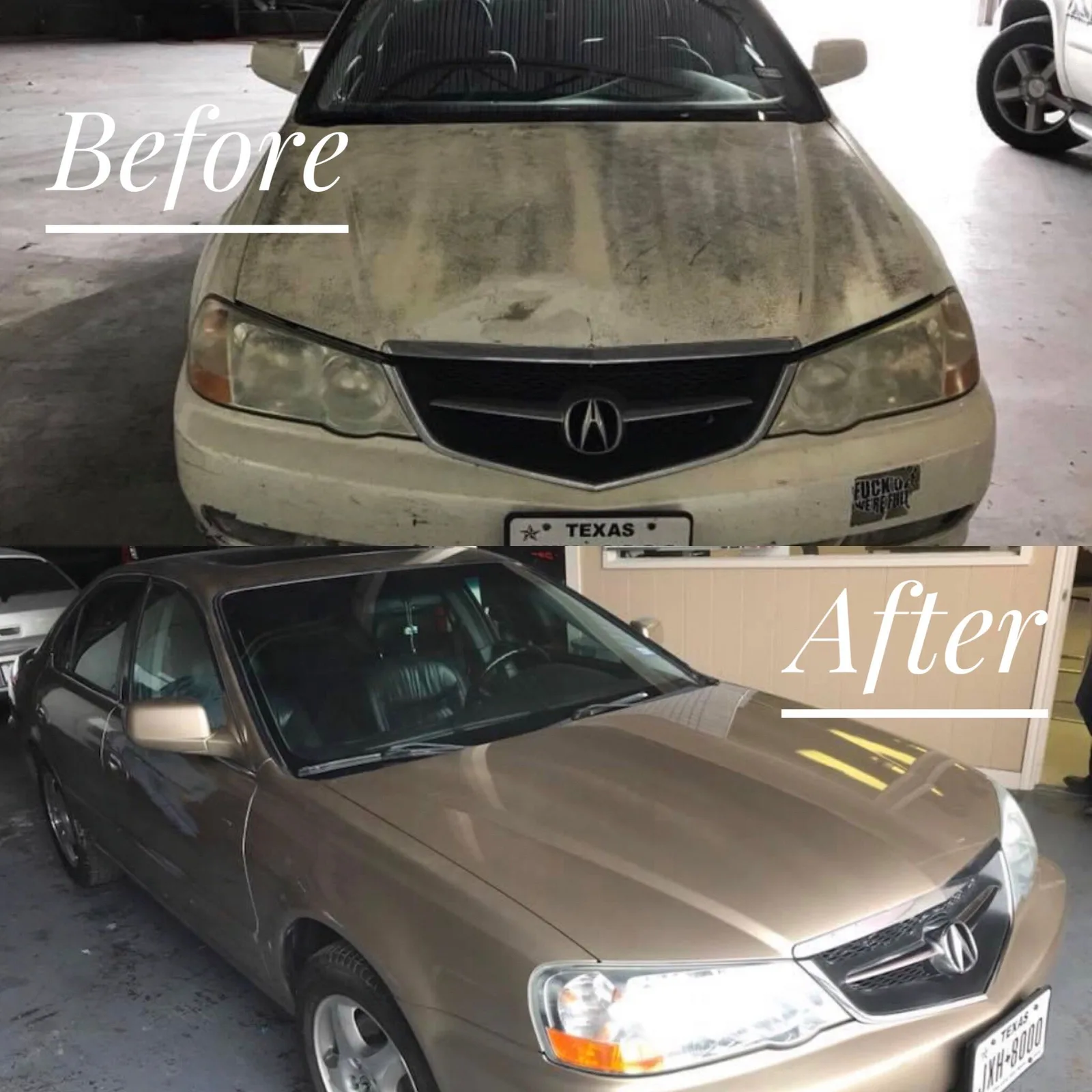 Before and after comparison of a gold sedan, showing it dirty and dull on top and clean and glossy below.