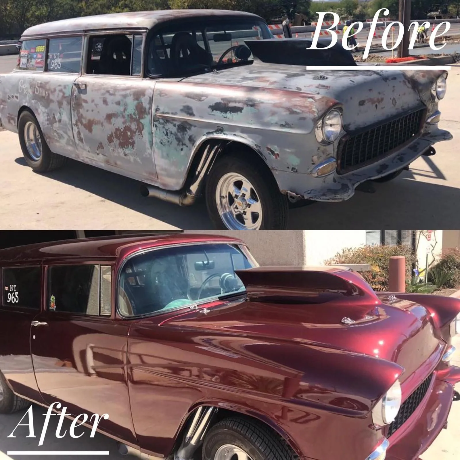 Before and after photos of a vintage two-door station wagon, shown first with rusted bare-metal body and later fully restored with glossy dark red paint.